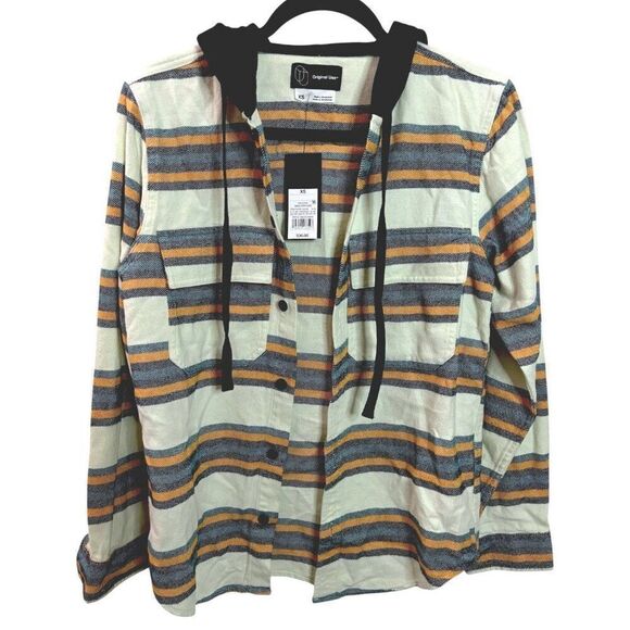 NWT ORIGINAL USE Hooded Jacket XS Button Long Sleeve Flannel Stripe Casual - Picture 2 of 6